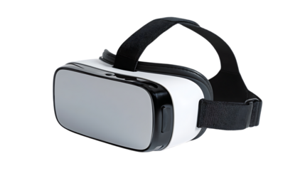 A close up shot of a white and black vr headset on a black background on transparent background