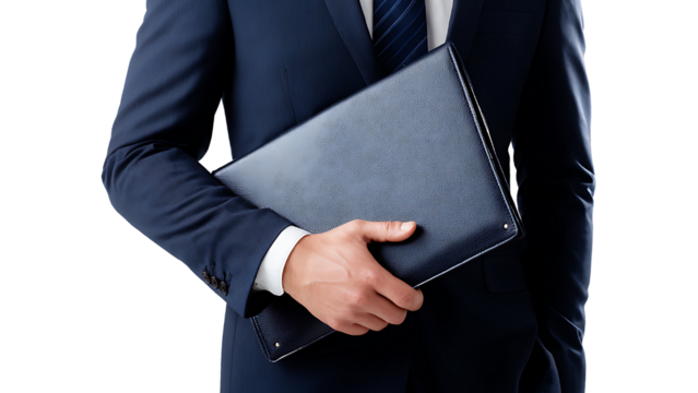 a professional man in navy suit holding leather portfolio folder on transparent background PNG - Powered by Adobe