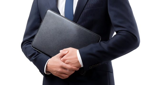 a professional man in navy suit holding leather portfolio folder on transparent background PNG
