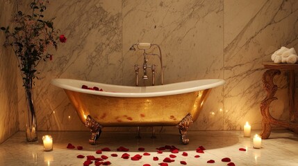 Luxury golden bathtub with rose petals