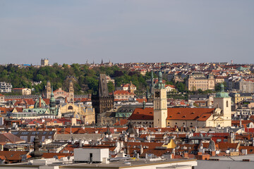Panoramic view of Prague with Vltava River and historic bridges
