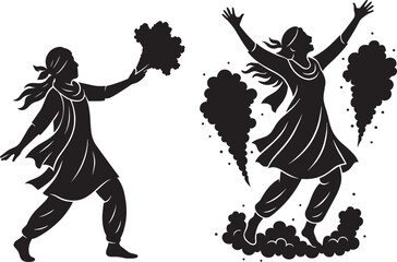 Holi Festival Celebration – Dancing and Color Throwing Silhouette Set, Joyful Holi Moments – People Throwing and Dancing with Color Powder