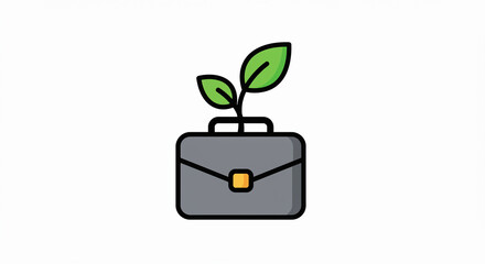 Minimalist flat vector icon of a business briefcase with a sprouting plant, perfect for representing eco startup and green entrepreneurship.
