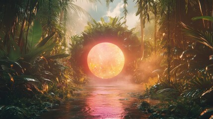 Lush tropical forest path leads to a glowing portal