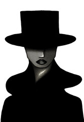BW, black and white portrait, painting, illustration in retro, contemporary art style of a young, adult woman, girl with big black hat, dress and lips, hidden eyes, png, cut out, isolated 