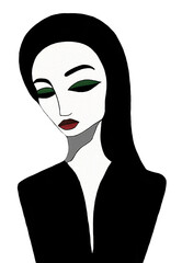 Black and white, bw portrait, painting, drawing in contemporary, retro art style of a young girl, woman with close green eyes, red lips, black dress, long hair and brows, png, cut out, isolated 