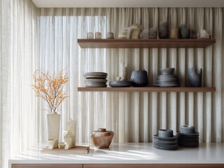A white shelf with a vase on it. The vase is empty. There are many plates on the shelf
