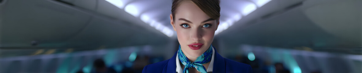 Flight Attendant Greeting Pose Professional Model with Travel-Themed Space captures warmth, professionalism, the welcoming spirit modern air travel. The model’s poised gesture polished uniform reflect