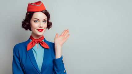 Flight Attendant Greeting Pose Professional Model with Travel-Themed Space captures warmth, professionalism, the welcoming spirit modern air travel. The model’s poised gesture polished uniform reflect