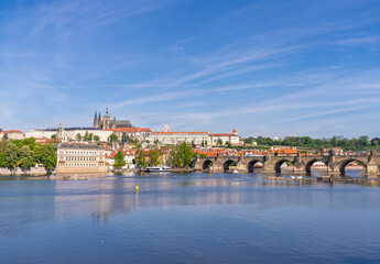 Panoramic view of Prague with Vltava River and historic bridges