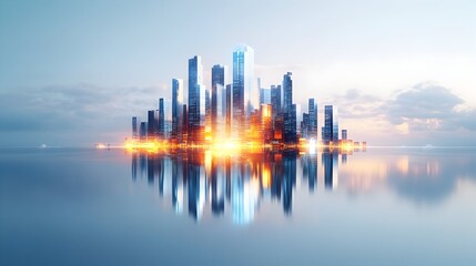 Futuristic city skyline reflecting at dawn, waterfront, urban development