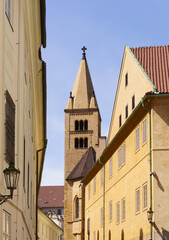 Romanesque bell tower in the historic center of Prague