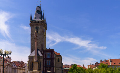 Gothic clock tower of Old Town Hall in Prague