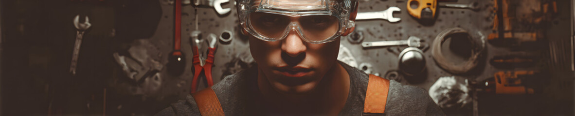 Focused Engineer with Tools Studio Shot with Technical Props and Empty Text Zone showcases precision, problem-solving,and hands-on expertise.The engineer’s attentive expression and purposeful handling