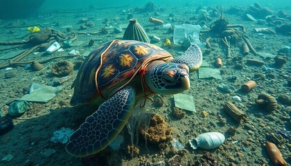 Fototapeta premium A sea turtle entangled in plastic debris on a polluted ocean floor, plastic, ocean life