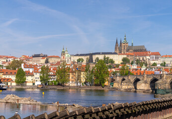 Obraz premium Prague Castle and St. Vitus Cathedral above Vltava River