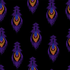 Seamless pattern with peacock feathers. Hand drawn ikat pattern vector illustration
