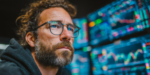 Obraz premium Seasoned Investor Analyzing Stock Data in High-Tech Environment Reflecting Financial Wisdom and Experience