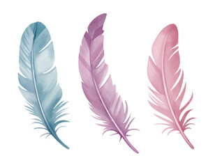 Watercolor feather set with fantasy vibes in soft pink and purple tones for ethereal and dreamy design © Hanna ArtLab