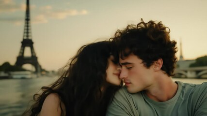 Couple embracing in Paris with the Eiffel Tower. A romantic close-up capturing affection and intimacy. Parisian romance, European travel, love story.