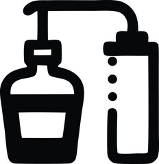 Simple black and white icon representing a laboratory setup with a flask and a beaker connected by a tube for distillation or chemical reactions