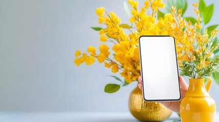 Hand holding blank phone screen, yellow flowers, spring background, mockup