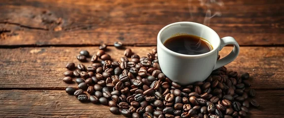  Dark roast coffee beans spill near a steaming cup on rustic wood, close up, rustic © Lalita