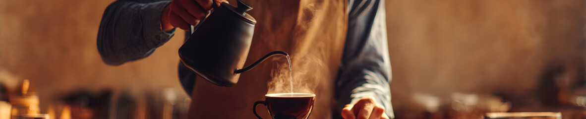 Friendly Barista Pouring Coffee Warm Toned Background with Space for Promotional Text captures the cozy, inviting atmosphere modern café experience. The barista’s warm smile skillful pour reflect care
