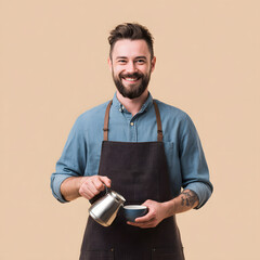 Friendly Barista Pouring Coffee Warm Toned Background with Space for Promotional Text captures the cozy, inviting atmosphere modern café experience. The barista’s warm smile skillful pour reflect care