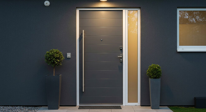 Contemporary residential entrance featuring modern gray door and minimalist exterior design elements - Powered by Adobe