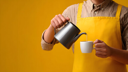 Friendly Barista Pouring Coffee Warm Toned Background with Space for Promotional Text captures the cozy, inviting atmosphere modern café experience. The barista’s warm smile skillful pour reflect care