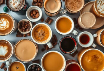 Assortment of various coffee beverages, overhead shot,  menu,  foam