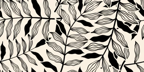 Crédence en verre imprimé Abstract art vintage colors tropical line art leaves seamles background vector. Wallpaper design with leaves shapes and scribble doodle linear leaf. vintage botanical floral seamless pattern