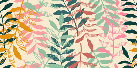 Abstract art vintage colors tropical line art leaves seamles background vector. Wallpaper design with leaves shapes and scribble doodle linear leaf. vintage botanical floral seamless pattern