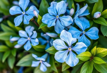 Naklejka premium Delicate blue watercolor flowers and lush green leaves, vibrant hues, green leaves, background