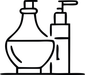 Simple black line art illustration of two cosmetic bottles one with a curved body and the other a tall dispenser representing skincare products