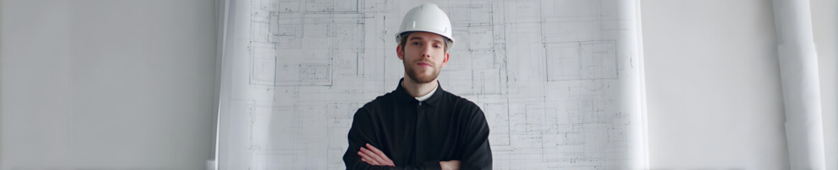 Modern Architect with Blueprint Confident Stance on Minimal Studio Background embodies vision,precision,creative leadership.architect’s firm posture and focused expression reflect confidence in design