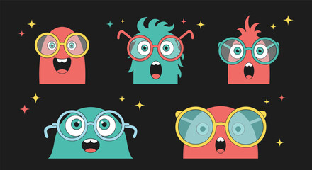 Bright and Quirky Animated Monsters Wearing Oversized Eyewear with Sparkles and Stars Against a Dark Background