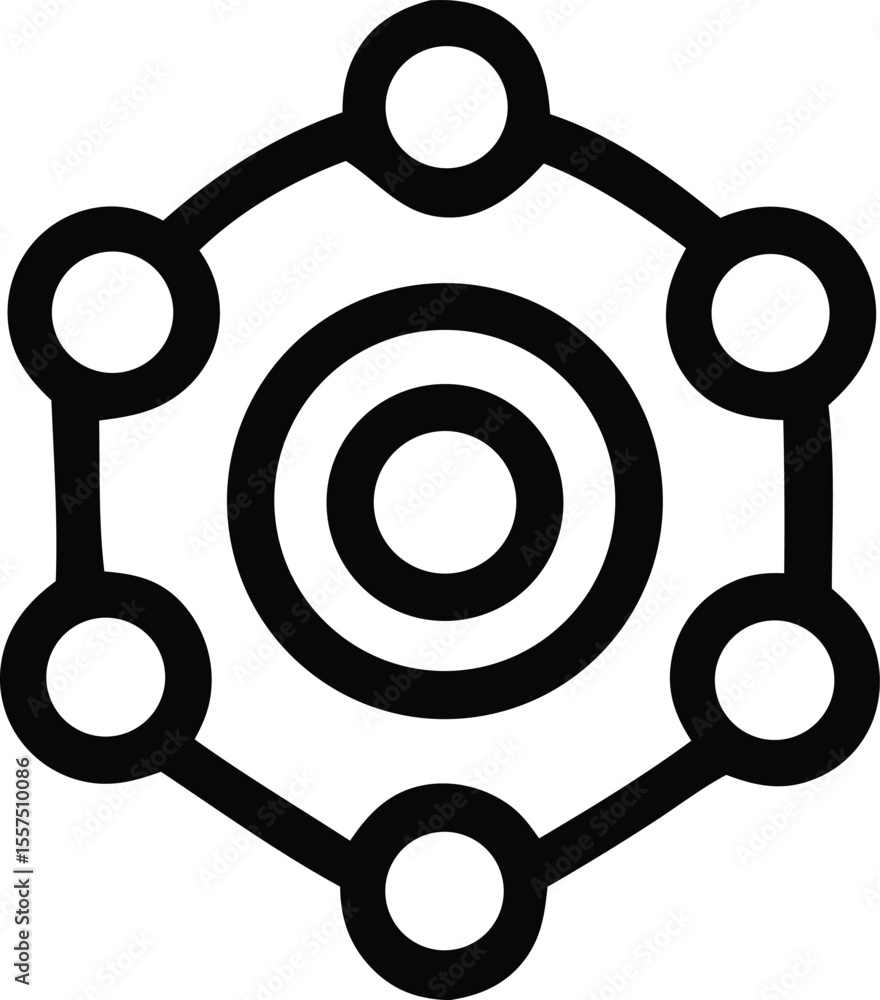 Poster abstract geometric icon featuring a central concentric circle design surrounded by six interconnecte