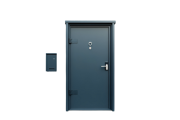 A sturdy blue front door standing guard beside a quaint mailbox hinting at safety and welcome on transparent background