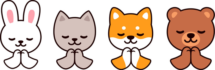 Cute cartoon animals praying. Bunny, cat, dog and bear with paws folded in prayer. Simple kawaii characters drawing, vector illustration set.