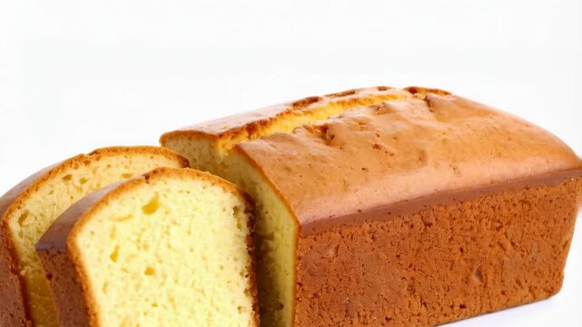 Freshly baked pound cake loaf with golden crust and two cut slices, on a white surface, perfect for dessert or breakfast.