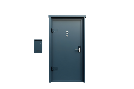 A sturdy blue front door standing guard beside a quaint mailbox hinting at safety and welcome on transparent background