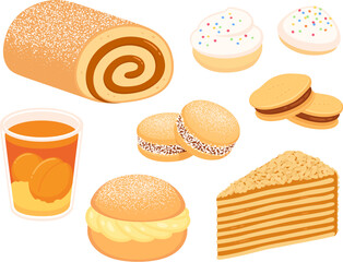Traditional Chilean desserts illustration set. Sweets, cakes and cookies. Alfajores, Mil Hojas, Mote con huesillo. Isolated vector clip art.