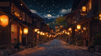 Night street in a Japanese village, lanterns, starry sky