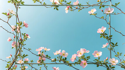 Floral Frame with Pink Blossoms and Sky Blue Background, Ideal for Springtime Invitations and Announcements