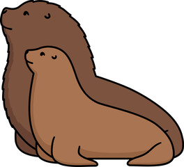 Male and female South American (Patagonian) sea lion, or Lobo Marino. Cartoon drawing, vector clipart illustration.