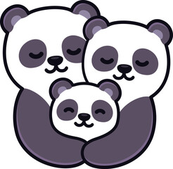 Cute cartoon panda mom and dad hugging baby cub, sweet bear family drawing. Simple vector clipart illustration, kawaii art.