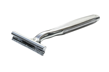 A sleek silver razor resting against a stark black backdrop symbolizing precision and clean on transparent background