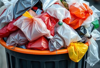 Close-up of overflowing trash can filled with plastic bags, go green, ecology